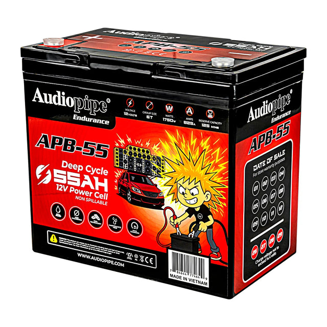 Deep-cycle 12V power cell battery shown from side with top terminals