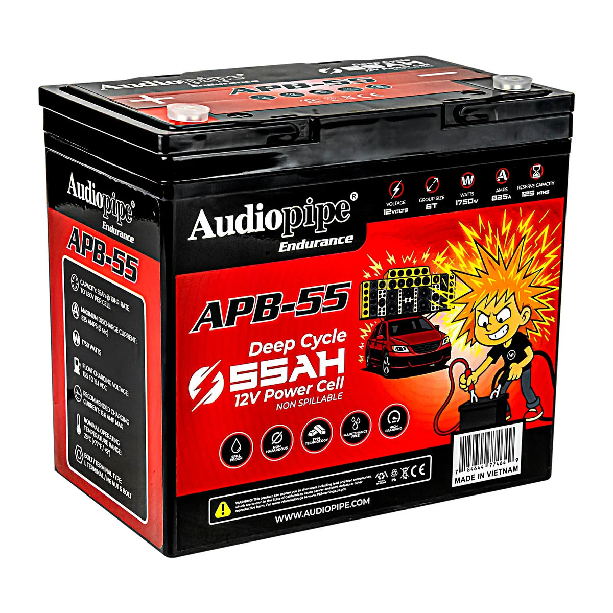 Deep-cycle 12V power cell battery angled view with main label and graphics