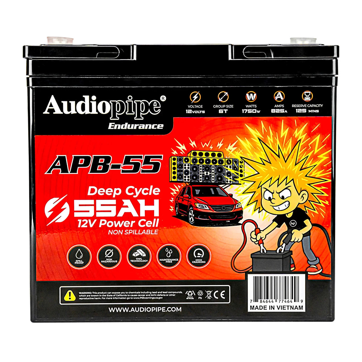 Deep-cycle 12V power cell battery, APB-55 front label