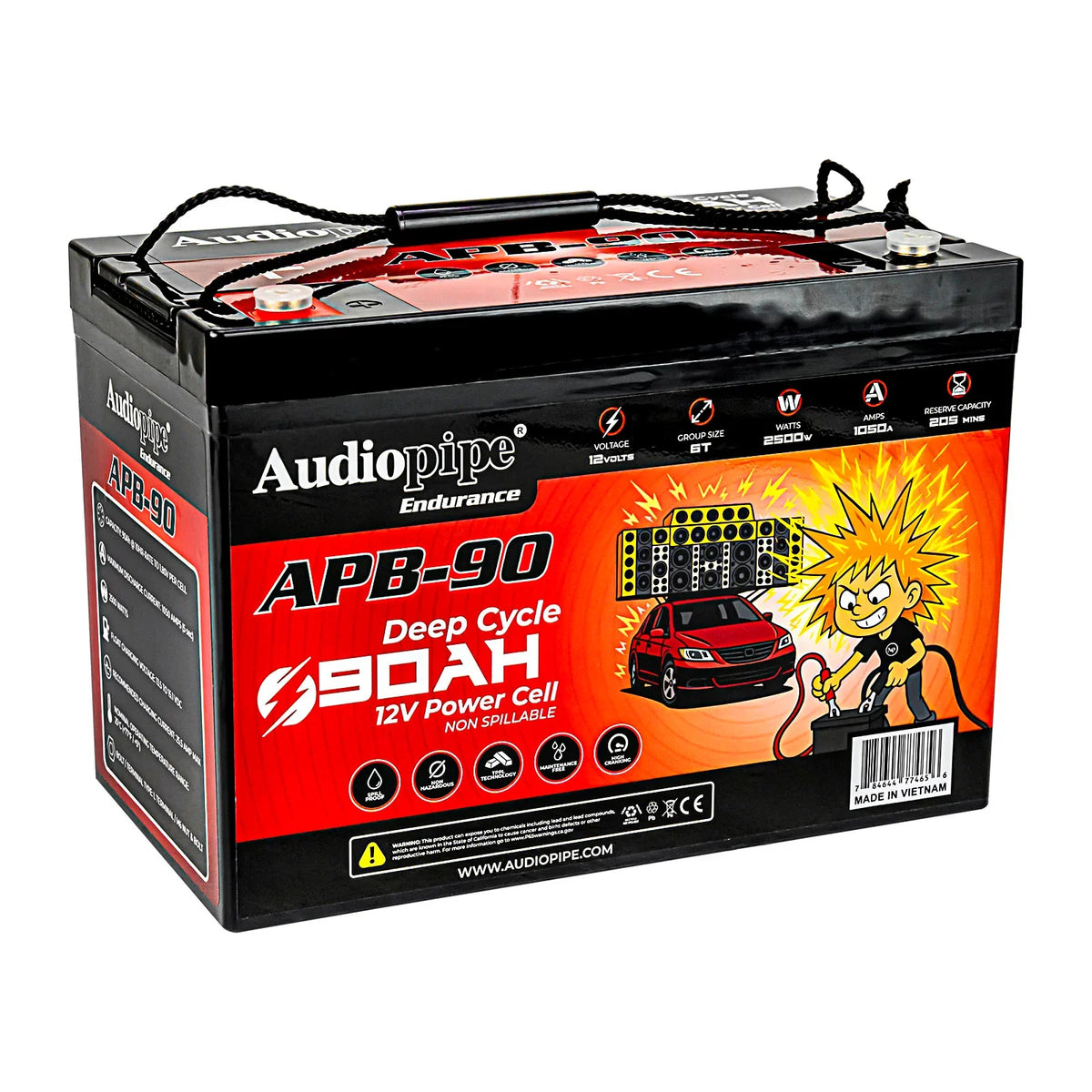 Audiopipe APB-90 deep cycle 12V 90Ah power cell battery, three-quarter view with handle