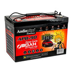 Audiopipe APB-90 deep cycle 12V 90Ah power cell battery, three-quarter view with handle