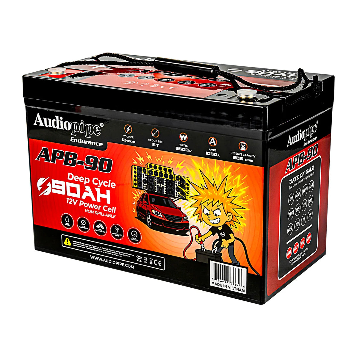 Audiopipe APB-90 deep cycle 12V 90Ah power cell battery, side angle with terminals
