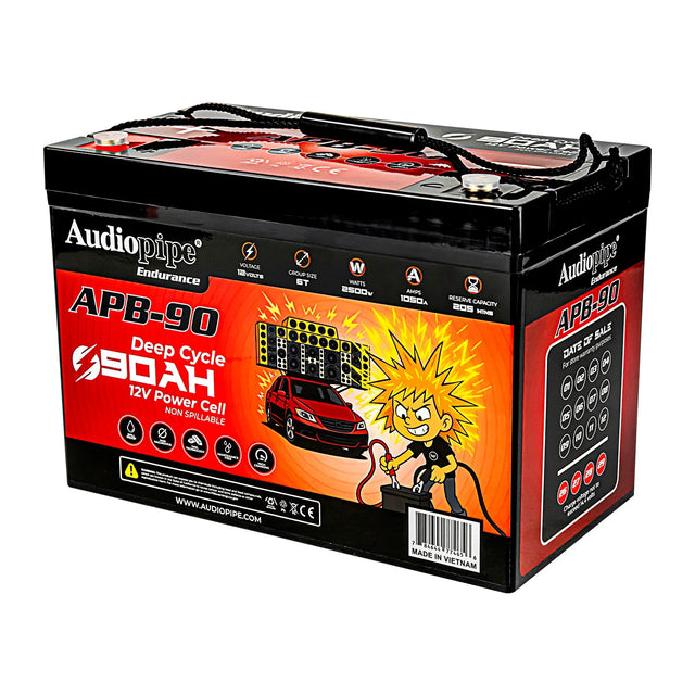 Audiopipe APB-90 deep cycle 12V 90Ah power cell battery, side angle with terminals