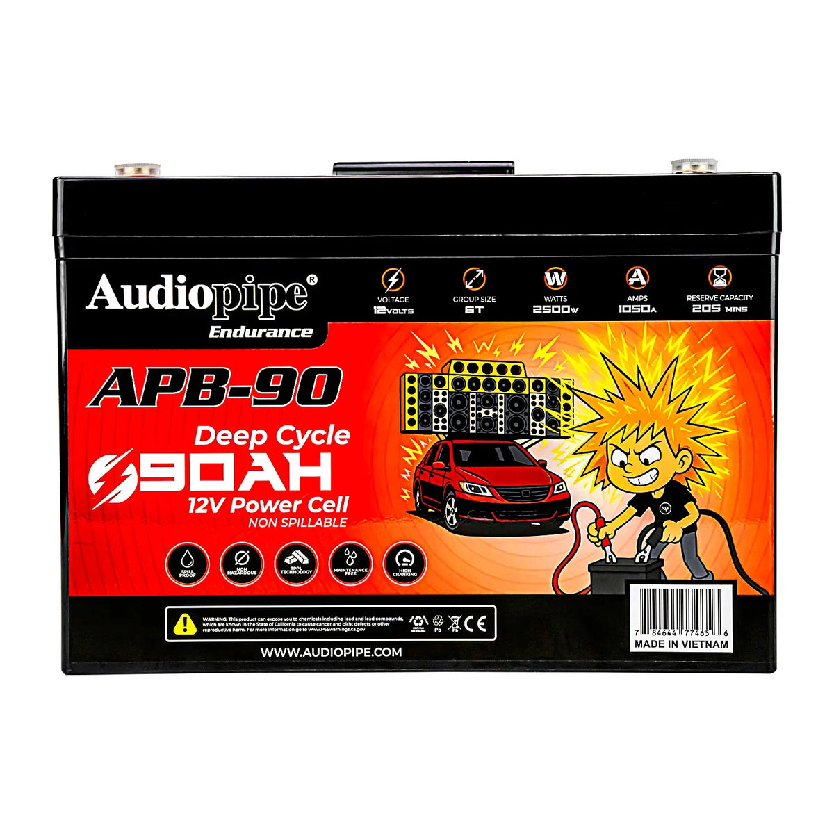 Audiopipe APB-90 deep cycle 12V 90Ah power cell battery, front label view
