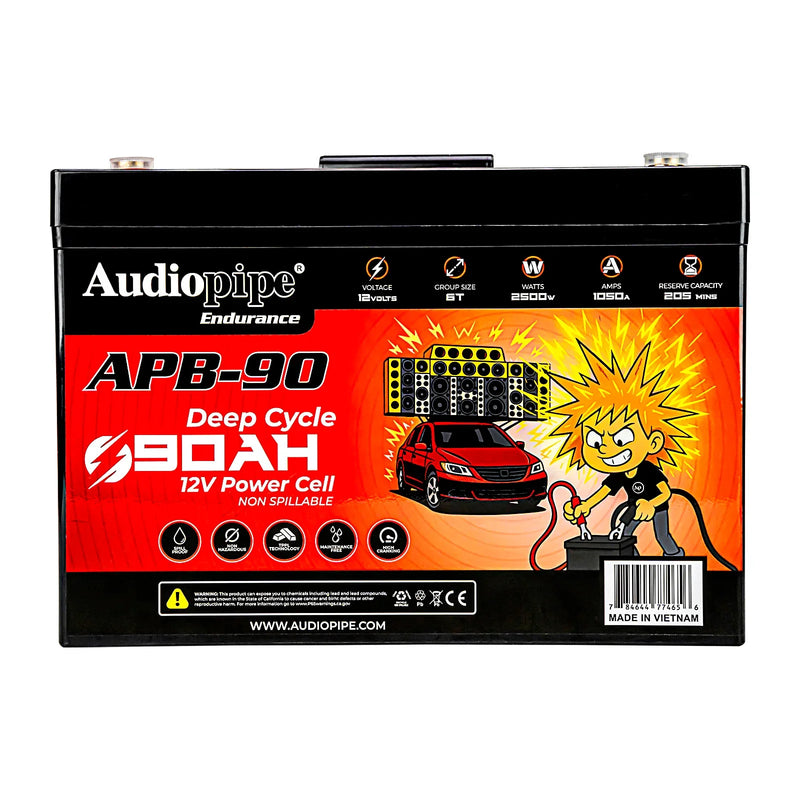Audiopipe APB-90 deep cycle 12V 90Ah power cell battery, front label view