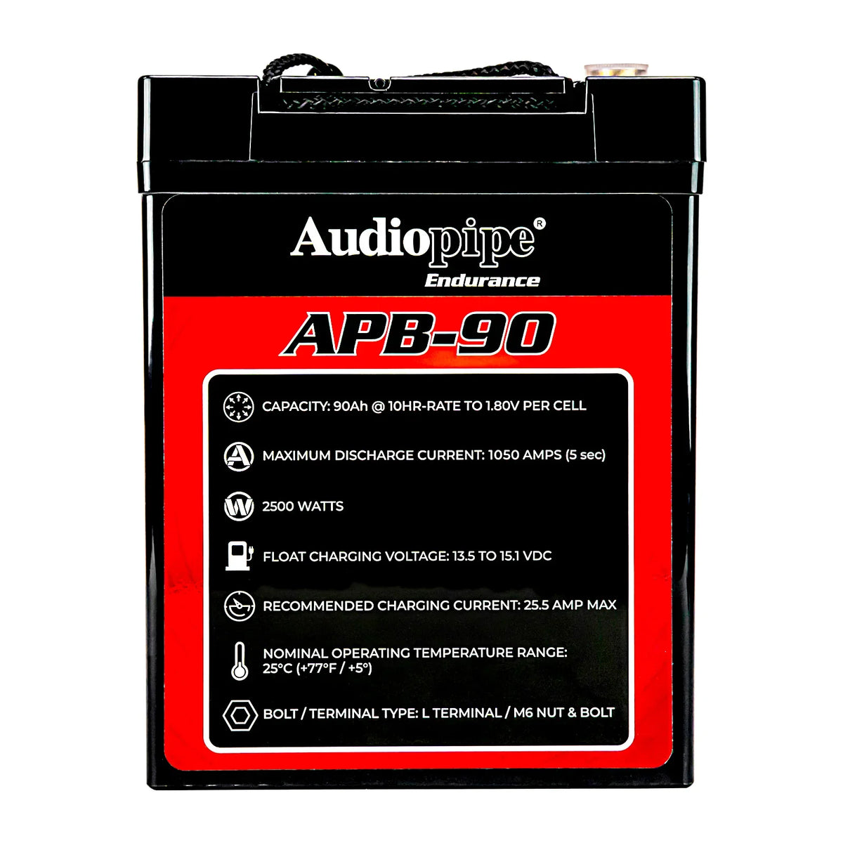 Audiopipe APB-90 deep cycle 12V 90Ah power cell battery, rear specs panel