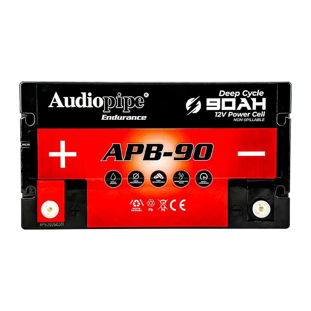 Audiopipe APB-90 deep cycle 12V 90Ah power cell battery, front terminals and leads