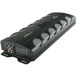 Monoblock car amplifier with dark metal body, front control panel, and top grille vents