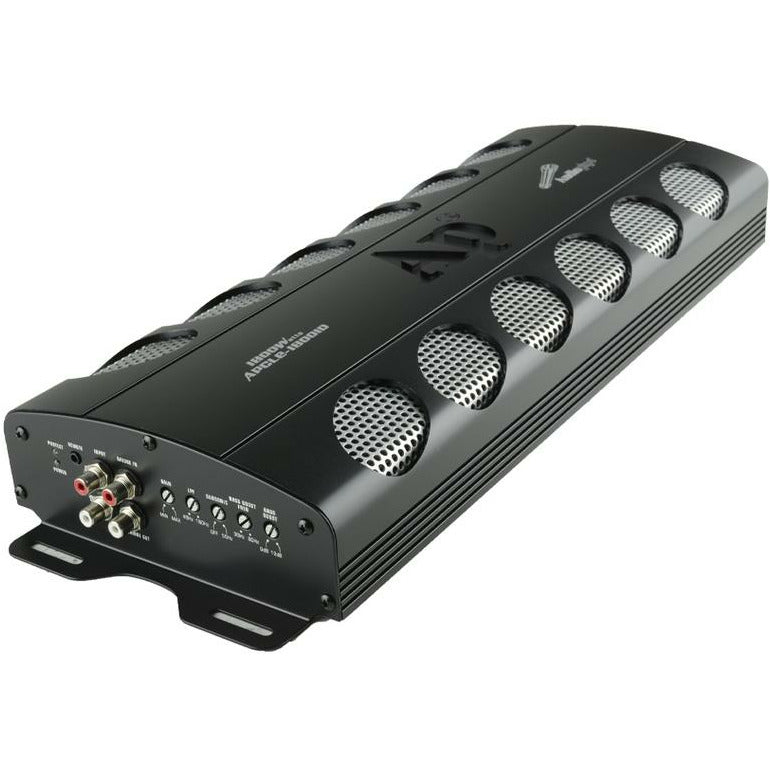 Monoblock car amplifier with dark metal body, front control panel, and top grille vents