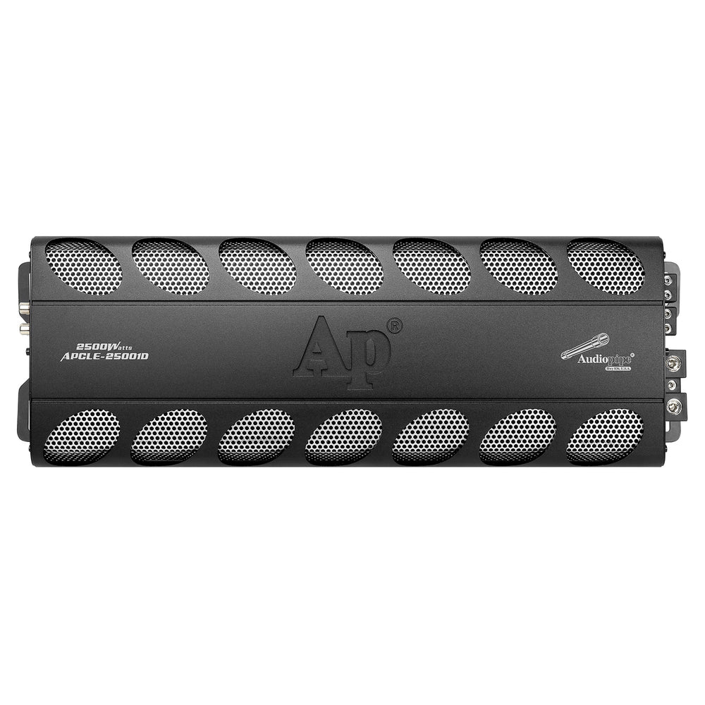 Black monoblock car amplifier with circular grille vents and side connection ports