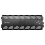 Black monoblock car amplifier with circular grille vents and side connection ports