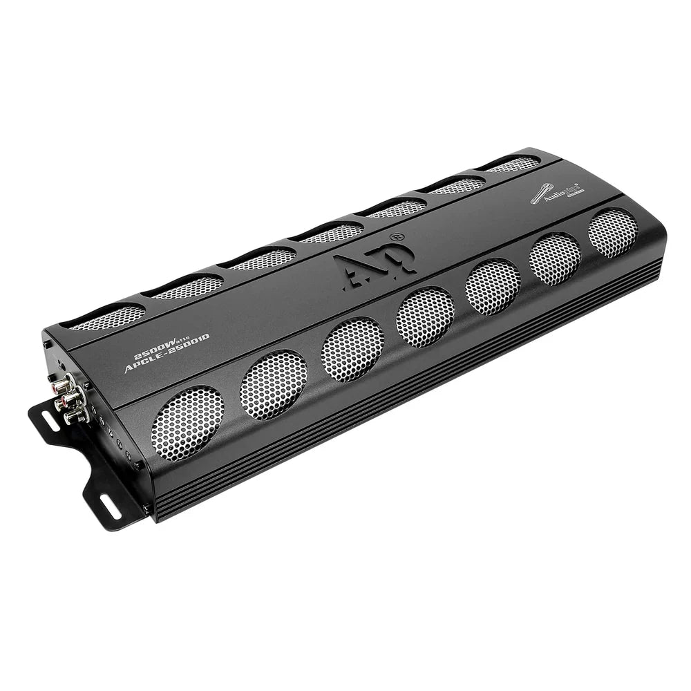 Black monoblock amplifier with vented grille face and side mounting brackets