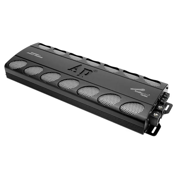 Black monoblock amplifier with vented grille top and multiple cooling fan openings