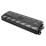 Black monoblock amplifier with vented grille top and multiple cooling fan openings