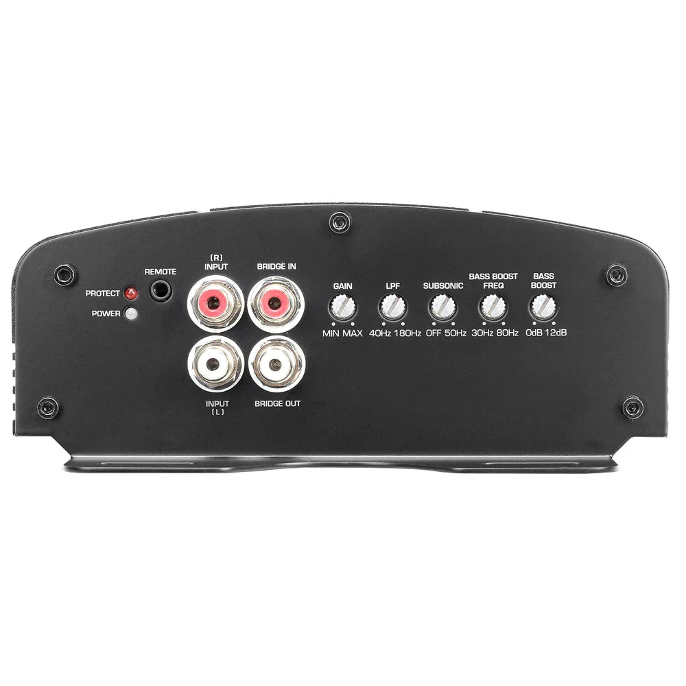 Monoblock amplifier rear panel with RCA inputs, gain controls, and frequency settings