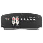 Monoblock amplifier rear panel with RCA inputs, gain controls, and frequency settings