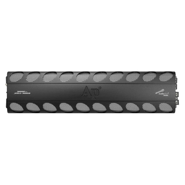 Audiopipe monoblock amplifier front panel with rows of circular ventilation holes