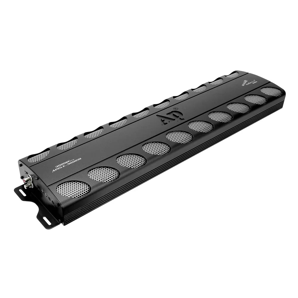 Audiopipe monoblock amplifier side view with perforated grille and mounting bracket