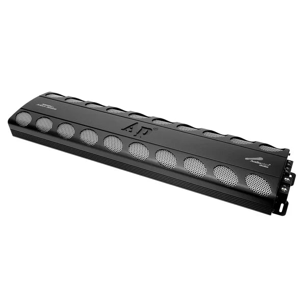 Audiopipe monoblock amplifier with dark metal casing and grille speaker vents