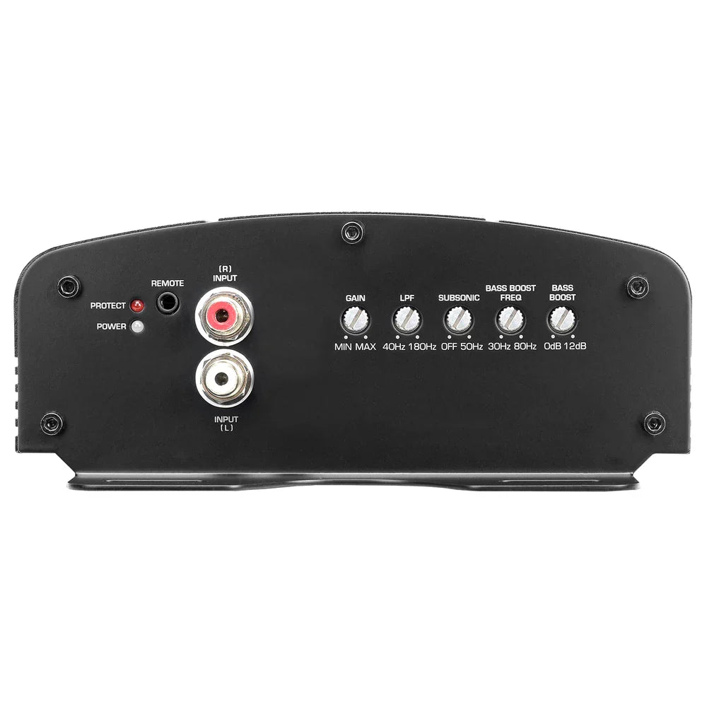 Audiopipe monoblock amplifier rear controls panel with input and adjustment knobs