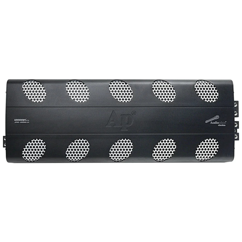 Black car amplifier front panel with speaker grilles and center logo