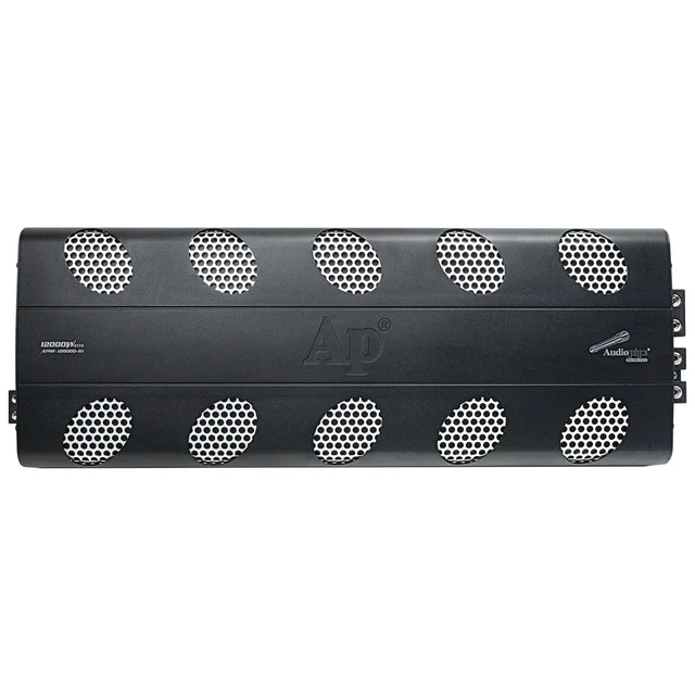 Black car amplifier front panel with speaker grilles and center logo
