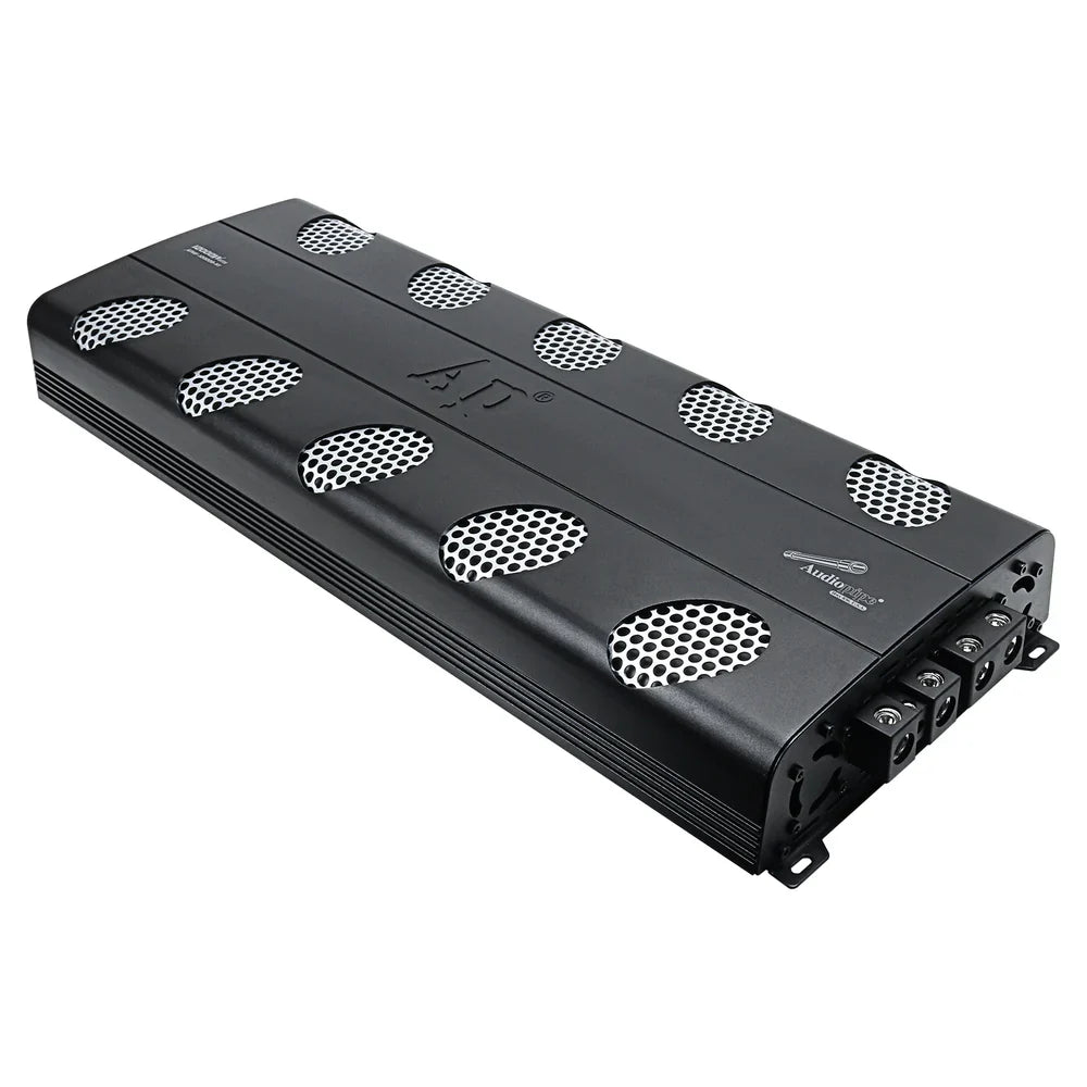 Black car amplifier angled view with dotted grille face and side cooling fins