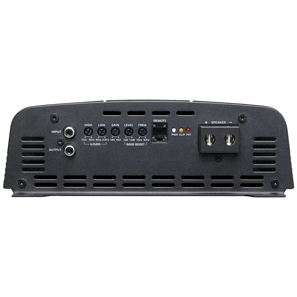 Black car amplifier rear controls with gain/level knobs and input/output speaker terminals