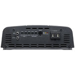 Black car amplifier rear controls with gain/level knobs and input/output speaker terminals