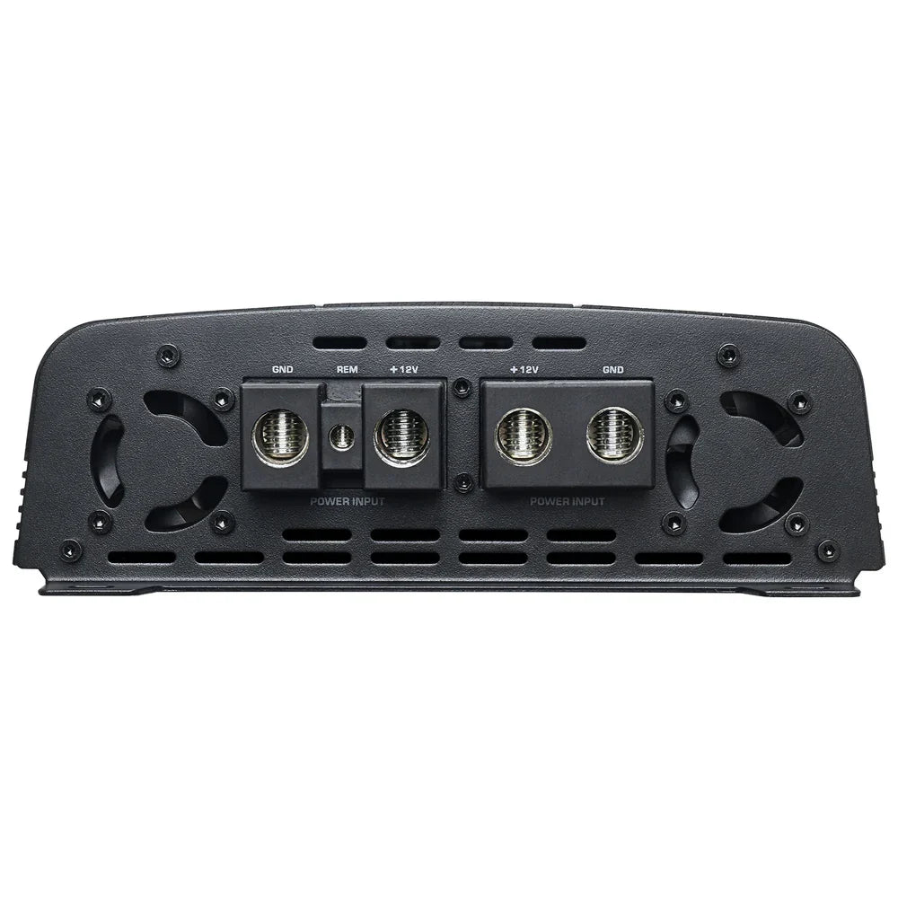 Black car amplifier rear panel with labeled terminals and multi-pin connector ports