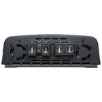 Black car amplifier rear panel with labeled terminals and multi-pin connector ports