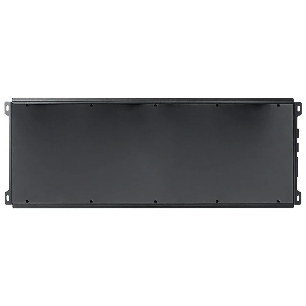 Black car amplifier rear cover panel with mounting screw holes