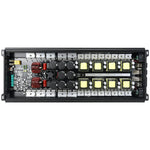 Car amplifier interior circuit board with capacitors and power components