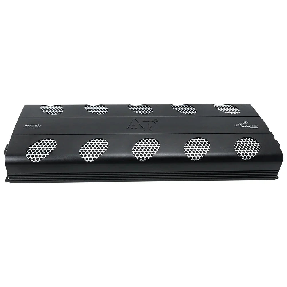 Black car amplifier top panel with dotted vent grille and front label markings