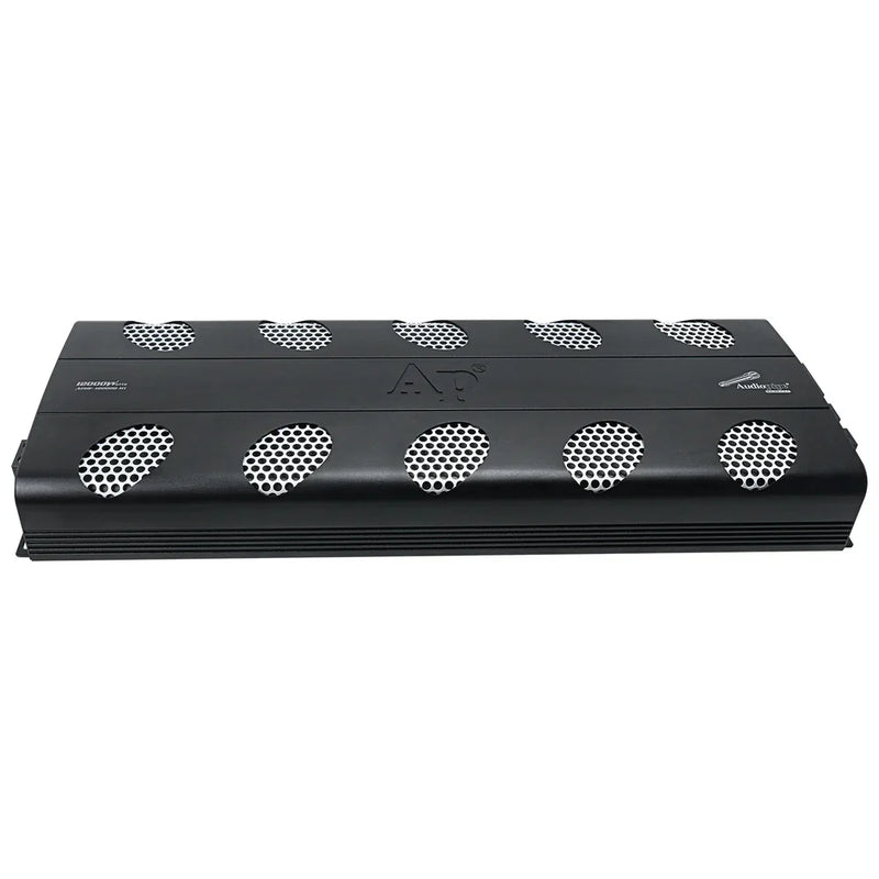 Black car amplifier top panel with dotted vent grille and front label markings