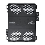 Black Audiopipe 1500W class D amplifier with four circular grille speaker vents