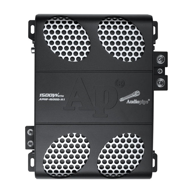 Black Audiopipe 1500W class D amplifier with four circular grille speaker vents