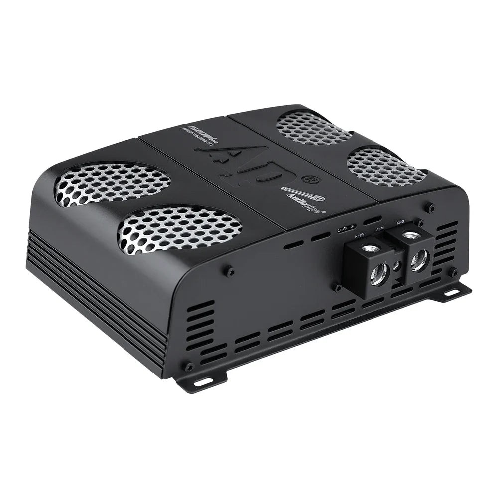 Black full-range class D amplifier with perforated cooling grilles on top
