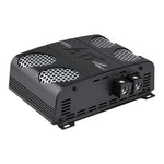 Black full-range class D amplifier with perforated cooling grilles on top