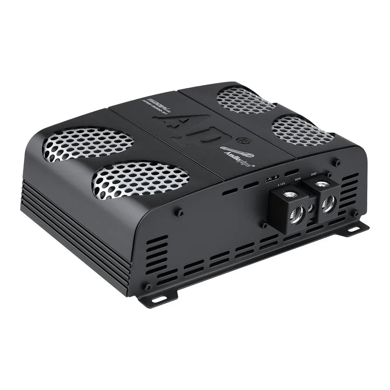 Black full-range class D amplifier with perforated cooling grilles on top