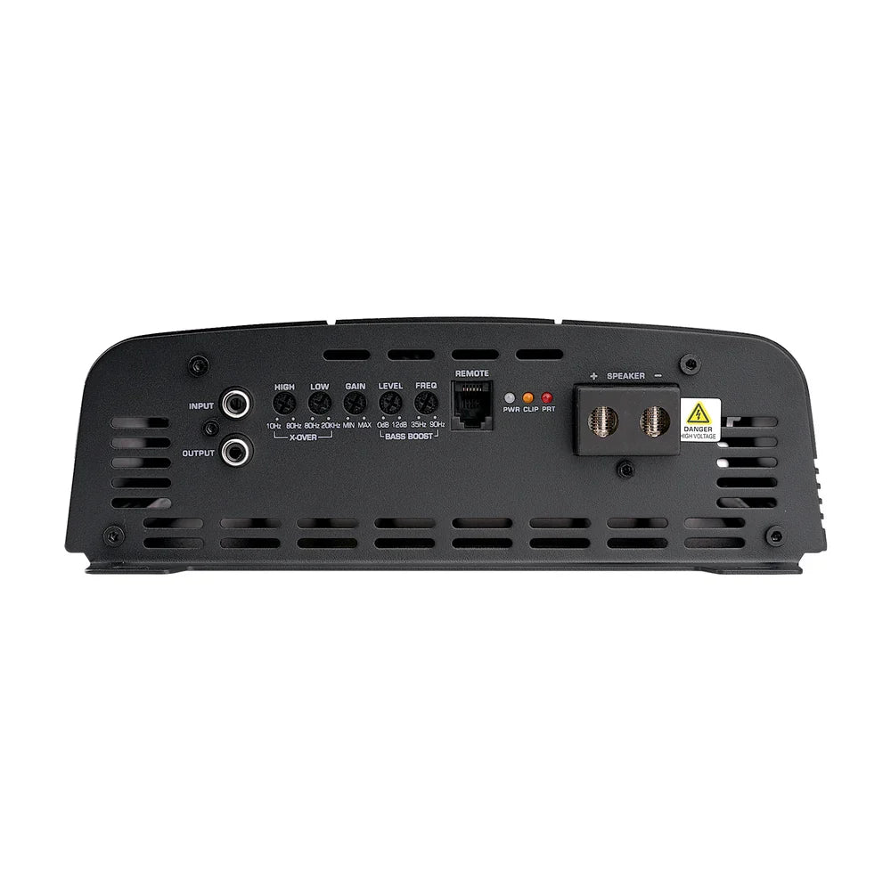 Black car full-range class D amplifier with input and speaker output terminals