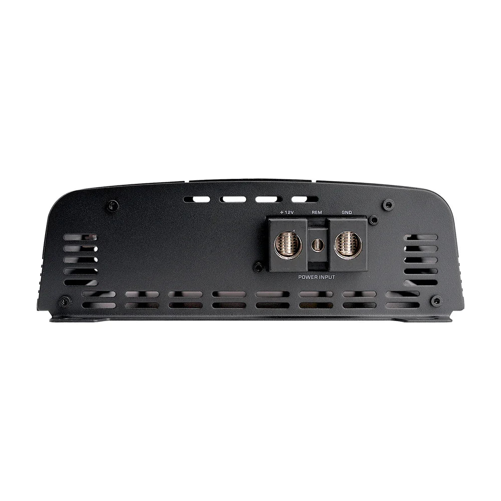 Black car full-range class D amplifier, rear input/output ports and power terminal