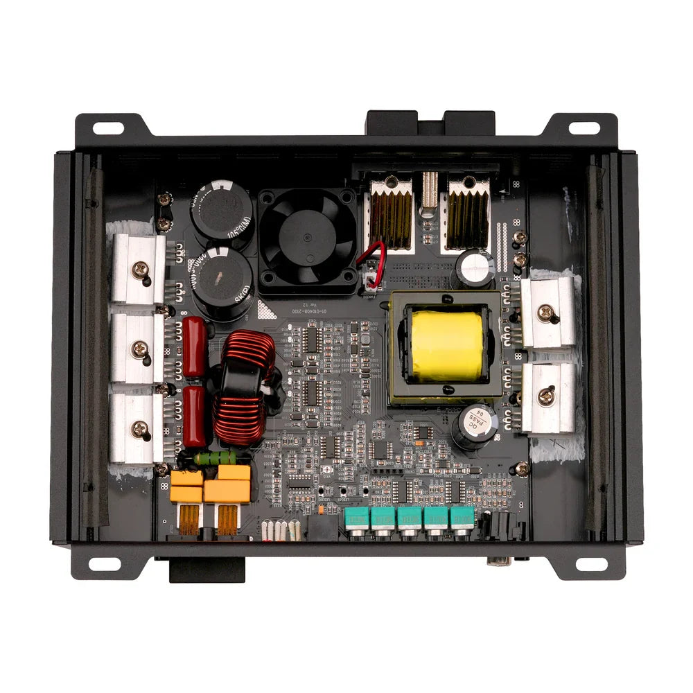Open black class D amplifier chassis showing circuit board with components