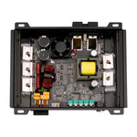 Open black class D amplifier chassis showing circuit board with components