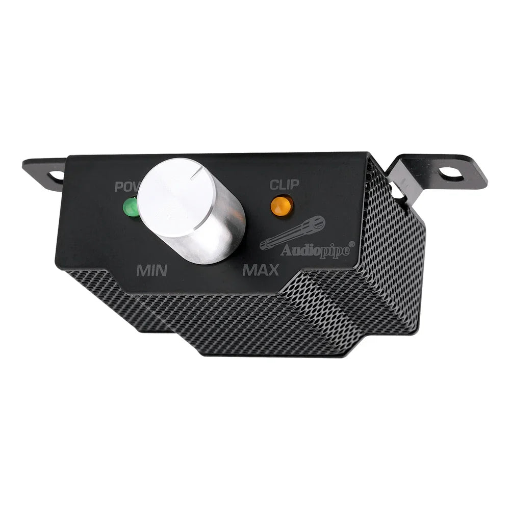 Black amplifier tuning panel with power/clip indicators and min-max adjustment knob