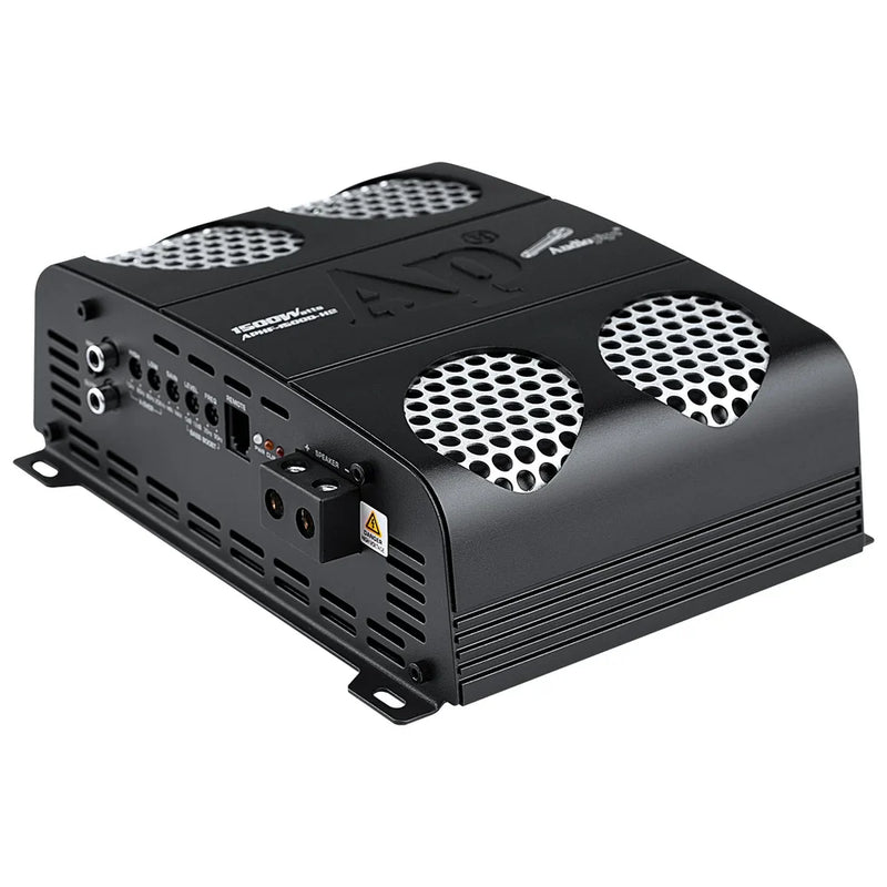 Black Class D full-range car amplifier with dual metal mesh vents and top controls
