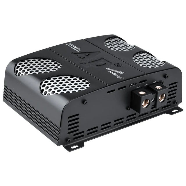 Black car amplifier with side fins, mesh speaker vents, and rear input/output terminals