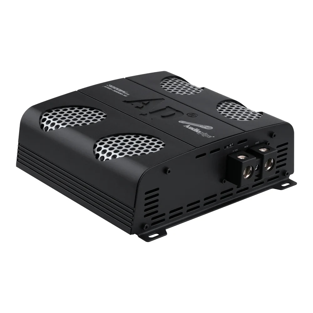 Audiopipe class D car amplifier angled view with control panel and speaker terminals