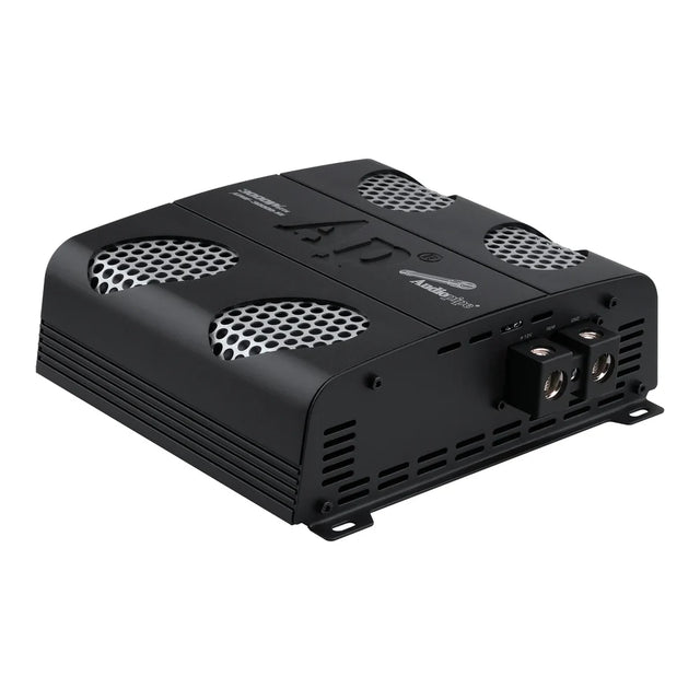 Audiopipe class D car amplifier angled view with control panel and speaker terminals