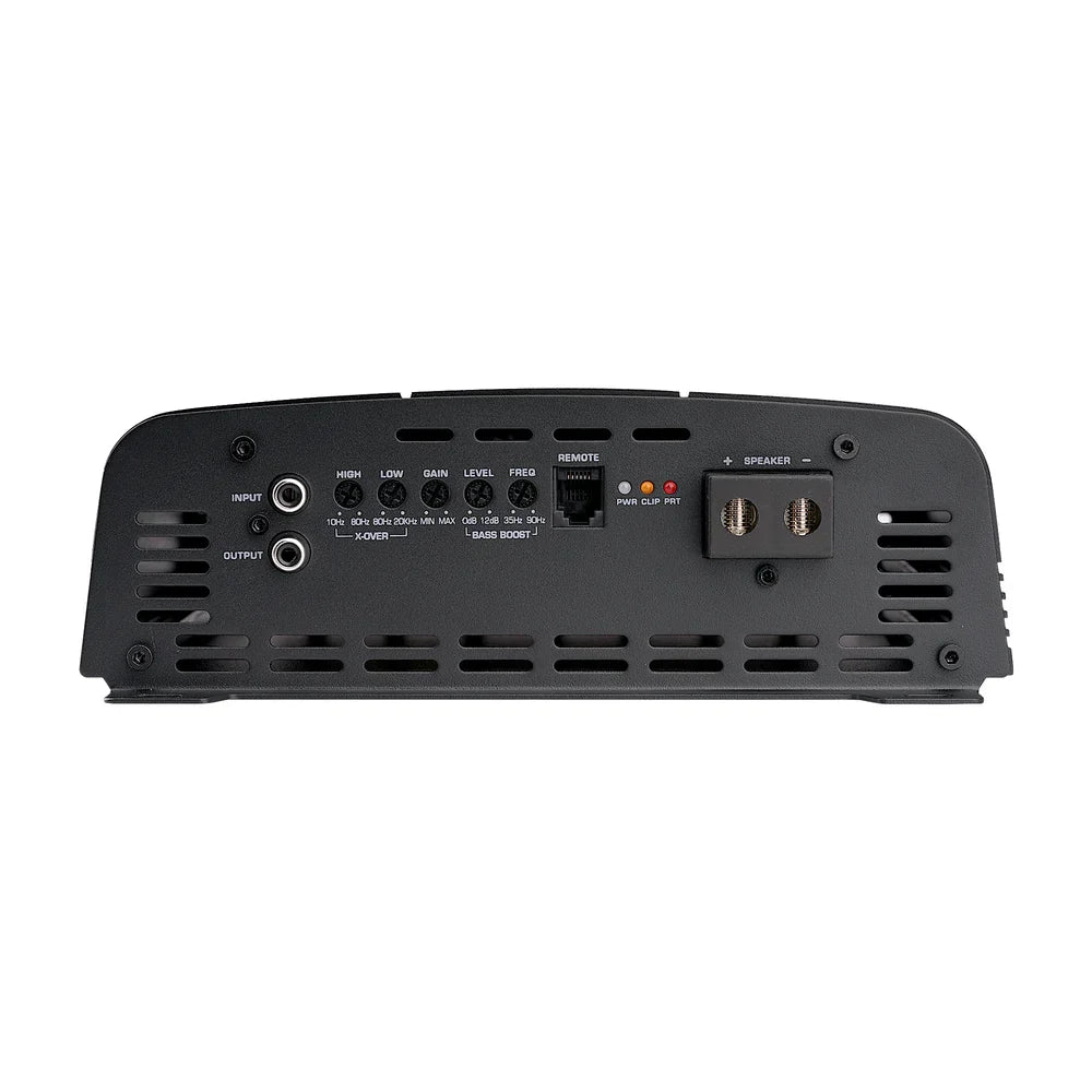 Audiopipe class D amplifier rear panel showing RCA inputs and speaker output ports
